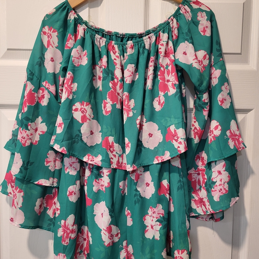 Pink Lily Floral Off-Shoulder Romper - Green and Pink